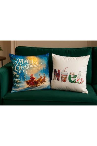 Çift Tarafı Baskılı Candy Christmas Desenli 2'li Set Kadife Kırlent Kılıfı Yılbaşı - Noel ürün görseli 1