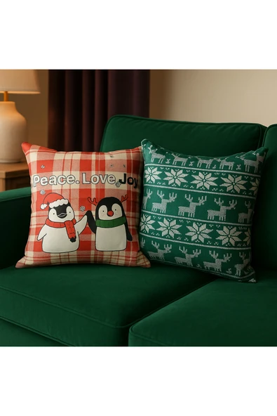 yılbaşı Temalı 2'i Kadife Kırlent Kılıfı 43x43 cm Nakış Görünümlü Set Dijital Baskılı ürün görseli 1