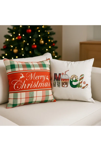 Çift Tarafı Baskılı Candy Christmas Desenli 2'li Set Kadife Kırlent Kılıfı Yılbaşı - Noel ürün görseli 1