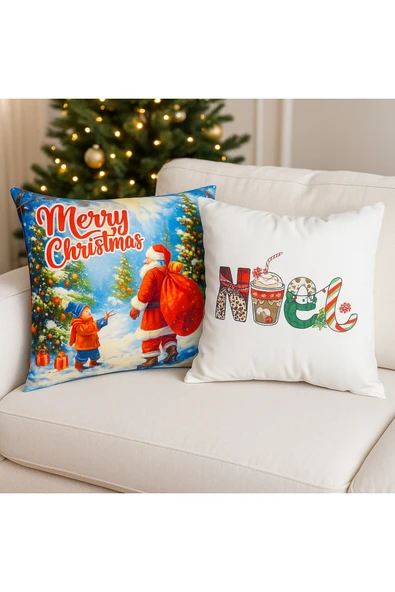 Çift Tarafı Baskılı Candy Christmas Desenli 2'li Set Kadife Kırlent Kılıfı Yılbaşı - Noel ürün görseli 1