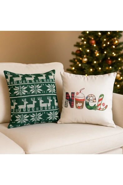 Çift Tarafı Baskılı Candy Christmas Desenli 2'li Set Kadife Kırlent Kılıfı Yılbaşı - Noel ürün görseli 1