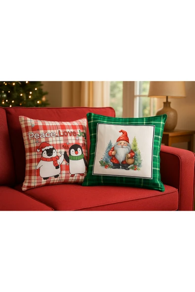 yılbaşı Temalı 2'i Kadife Kırlent Kılıfı 43x43 cm Nakış Görünümlü Set Dijital Baskılı ürün görseli 1