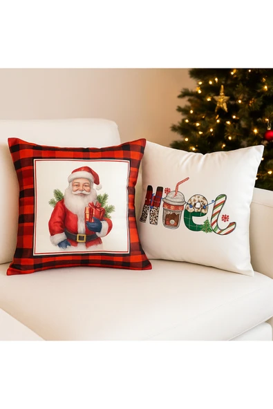 Çift Tarafı Baskılı Candy Christmas Desenli 2'li Set Kadife Kırlent Kılıfı Yılbaşı - Noel ürün görseli 1