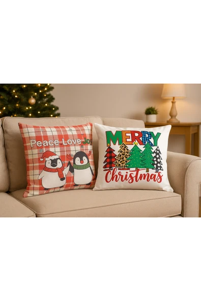 Yılbaşı Temalı 2li Kadife Kırlent Kılıfı 43x43 cm Nakış Görünümlü Set Dijital Baskılı ürün görseli 1