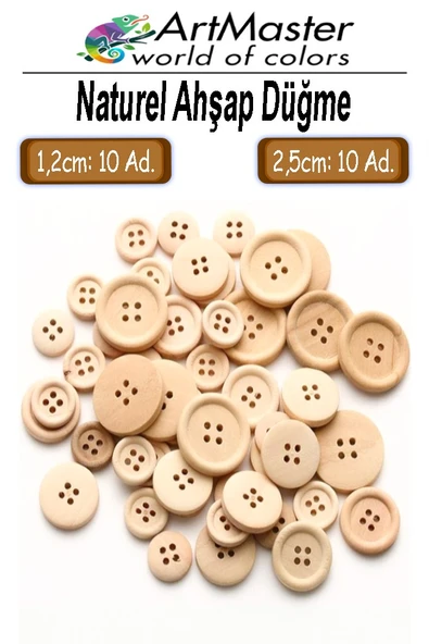 Ahşap Naturel Düğme 60 Adet 1 Paket Anasınıfı Okul Kreş Etkinlik Sanat 1,2cm 50 Adet 2,5cm 10 Adet ürün görseli 1