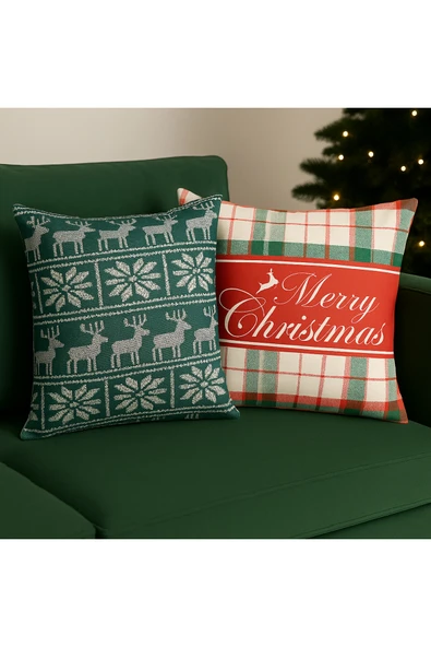 Çift Tarafı Baskılı Candy Christmas Desenli 2'li Set Kadife Kırlent Kılıfı Yılbaşı - Noel ürün görseli 1