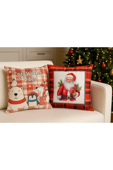 Çift Tarafı Baskılı Candy Christmas Desenli 2'li Set Kadife Kırlent Kılıfı Yılbaşı - Noel ürün görseli 1