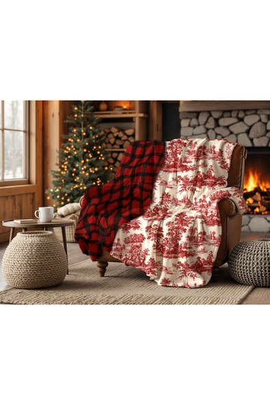 Winterfell Yün Kadife Ekose Çift Taraflı Tv Battaniyesi Red Forrest 140x190 ürün görseli 1