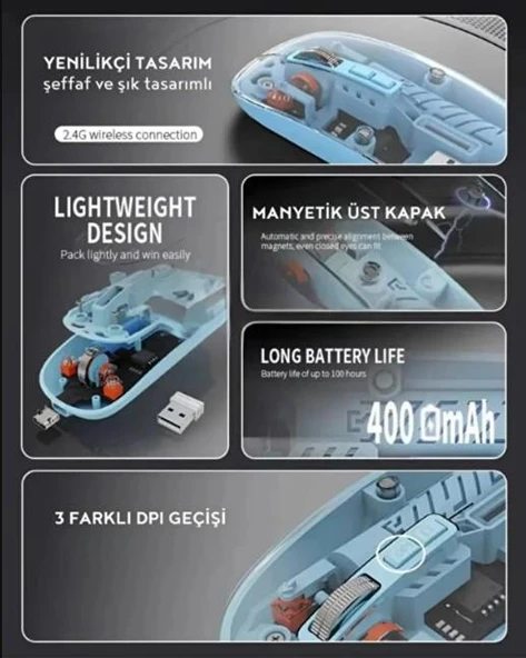 Şeffaf Tasarım Kablosuz Şarjlı Mouse (Bluetooth + USB Çift Mod) - Resim 9