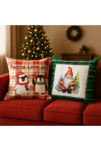 Yılbaşı Temalı 2li Kadife Kırlent Kılıfı 43x43 cm Nakış Görünümlü Set Dijital Baskılı ürün görseli 1