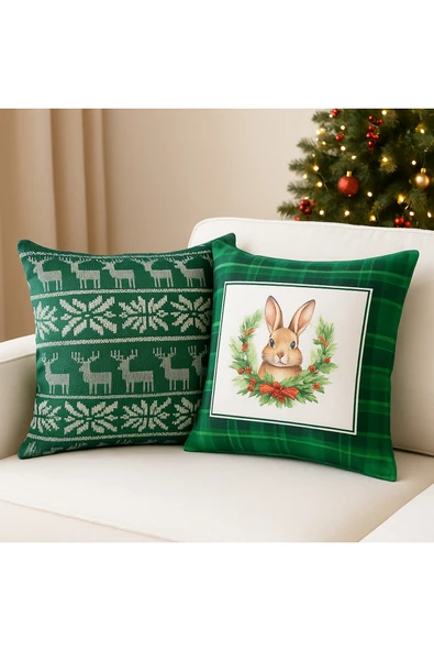 Çift Tarafı Baskılı Candy Christmas Desenli 2'li Set Kadife Kırlent Kılıfı Yılbaşı - Noel ürün görseli 1