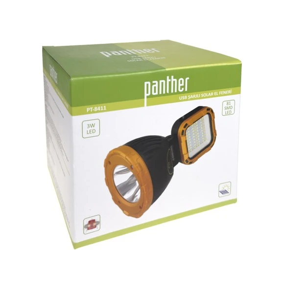 Panther Pt-8411 Usb Şarjlı Solar El Feneri Sarı - Siyah ürün görseli 1