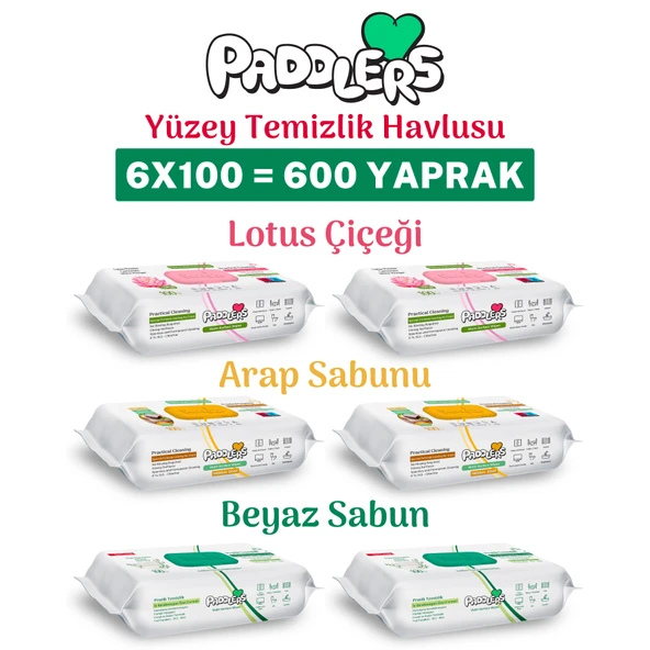 Paddlers Easy Clean Lotus Çiçeği & Arap Sabunu & Beyaz Sabun Katkılı Yüzey Temizlik Havlusu 6x100 (600 Yaprak) ürün görseli 1