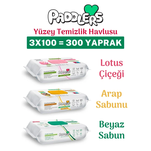 Paddlers Easy Clean Lotus Çiçeği & Arap Sabunu & Beyaz Sabun Katkılı Yüzey Temizlik Havlusu 3x100 (300 Yaprak) ürün görseli 1