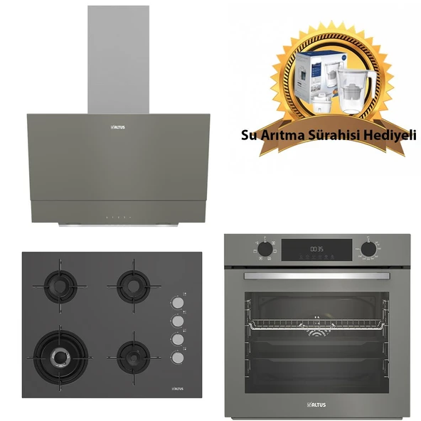 Altus Gri Cam Ankastre Set 322 G Turbo - 189 Dg Woklu - 510 G Davlumbaz - SürahiHediyeli ürün görseli 1