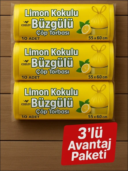 30 Adet Limon Kokulu Büzgülü Orta Boy Avantaj Paket Çöp Poşetleri Çöp Torbaları 55X60 CM ürün görseli 1