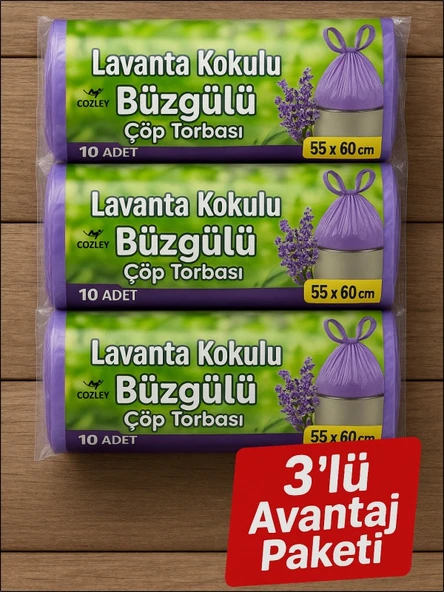 30 Adet Lavanta Kokulu Büzgülü Orta Boy Avantaj Paket Çöp Poşetleri Çöp Torbaları 55x60 CM ürün görseli 1