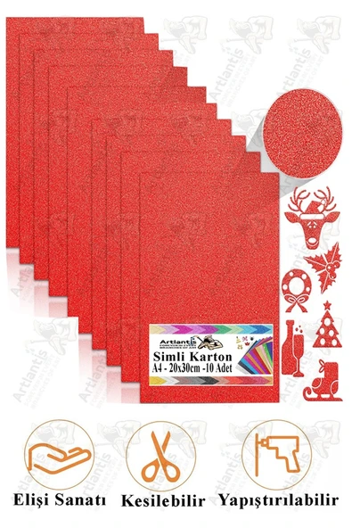 Kırmızı Simli Karton A4 20x30 cm 10 lu 1 Paket Simli Fon Kartonu Parıltılı Kağıt Anasınıfı Kreş Etkinlik Proje ürün görseli 1