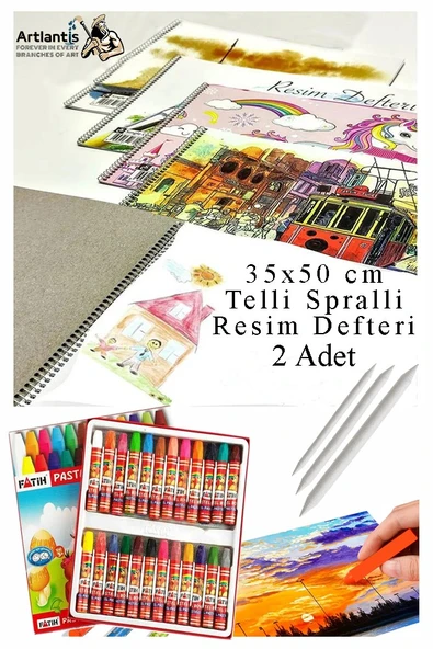24 Renk Fatih Pastel Boya 35x50 cm Telli Spralli Resim Defteri Pastel Dağıtma Kalemi 15 Yaprak Resim Defteri Yağlı ürün görseli 1