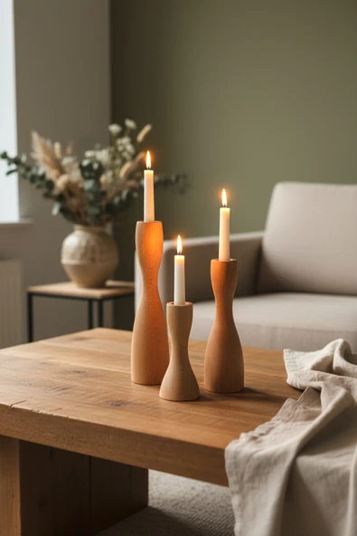 Dekoratif 3’lü Ahşap Mumluk Set Modern Minimalist Doğal Şamdan Ofis Ev Mum Standı Rustic ürün görseli 1