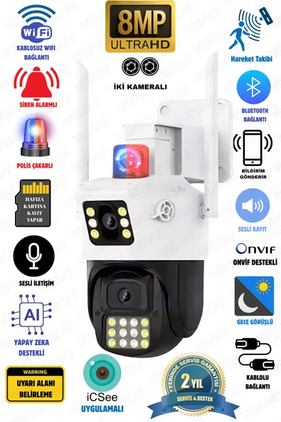 Venas Çift Kameralı Ultra HD Dış Mekan Hareketli Mavi kırmızı ışıklı Kablosuz wifi Güvenlik kamerası ürün görseli 1