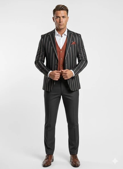 Erkek Çizgili Takım Elbise 3’lü Set – Ceket + Yelek + Pantolon – Slim Fit İtalyan Tarz ürün görseli 1