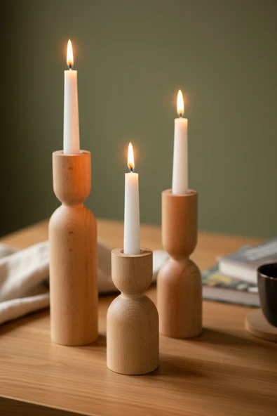 Dekoratif 3’lü Ahşap Mumluk Set Modern Minimalist Doğal Şamdan Ofis Ev Mum Standı Nordic ürün görseli 1