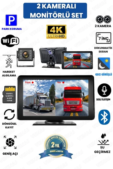 Venas 7 İNÇ DOKUNMATİK EKRANLI ÇİFT KAMERALI 1080p uLTRA HD KABLOSUZ ARAÇ KAMERASI ürün görseli 1