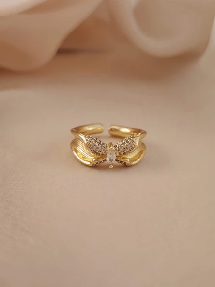 Kelebek Model Zirkon Taşlı Ayarlanabilir Gold Altın Renkli Yüzük ürün görseli 1