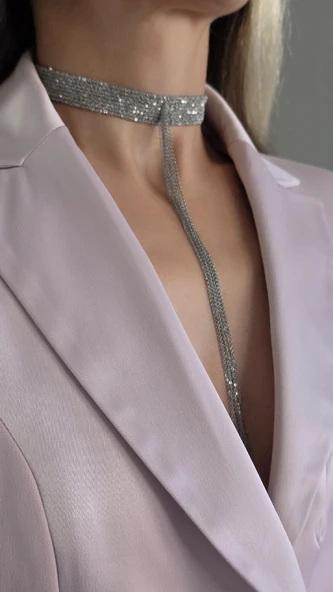 8 Sıralı Zincir Dokuma Sallantılı Vücut Tasma Choker Silver Gümüş Renk El Yapımı Kolye ürün görseli 1