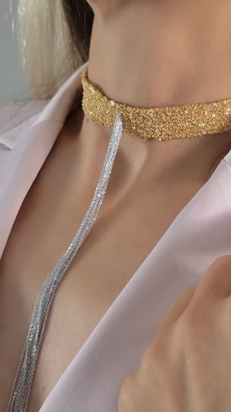 8 Sıralı Zincir Dokuma Sallantılı Vücut Tasma Choker  Gold Gümüş Renk El Yapımı Kolye ürün görseli 1