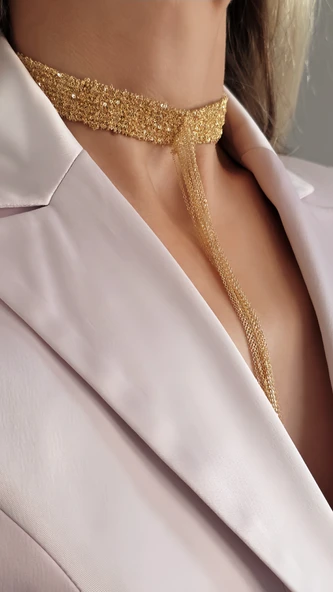 8 Sıralı Zincir Dokuma Sallantılı Vücut Tasma Choker Gold Renk El Yapımı Kolye ürün görseli 1