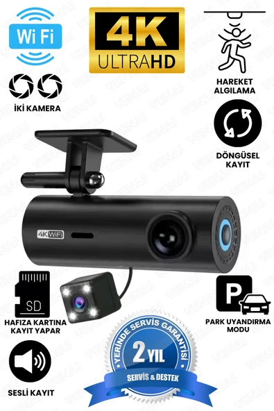 Venas Geniş açı 4K ön 1080p Full HD Arka 2 Kameralı wifi Hafıza kartına kayıtlı araç kamerası ürün görseli 1
