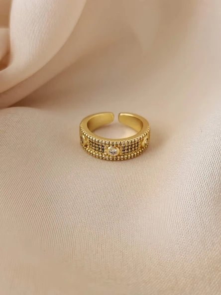 Üç Taşlı Model Ayarlanabilir Gold Altın Renkli Yüzük ürün görseli 1