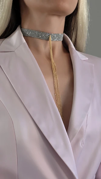 8 Sıralı Zincir Dokuma Sallantılı Vücut Tasma Choker Gümüş Gold Renk El Yapımı Kolye ürün görseli 1