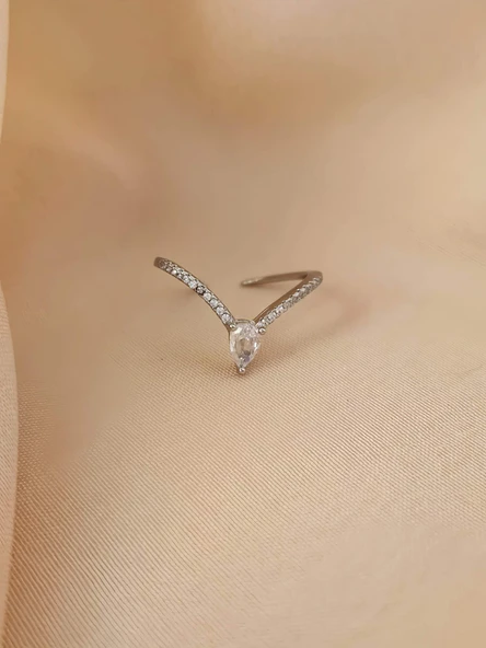 V Model Damla Zirkon Taşlı Ayarlanabilir Silver Gümüş Renkli Yüzük ürün görseli 1