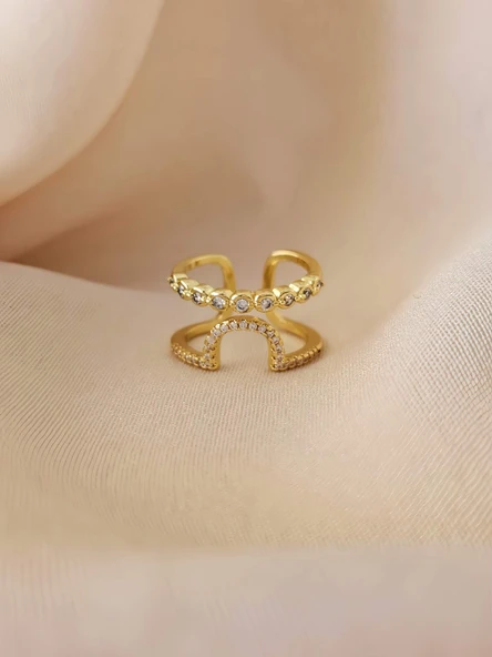 Oval İki Sıralı Taşlı Model Ayarlanabilir Gold Altın Renkli Yüzük ürün görseli 1