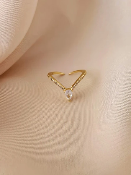 V Model Damla Zirkon Taşlı Ayarlanabilir Gold Altın Renkli Yüzük ürün görseli 1