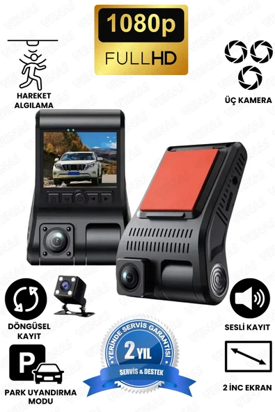 LinaS 1080P Full HD 3 Kameralı Hafıza kartına kayıtlı Hareket Algılamalı Araç kamerası ürün görseli 1