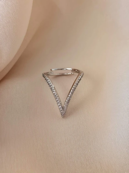 V Model Zirkon Taşlı Ayarlanabilir Silver Gümüş Renkli Yüzük ürün görseli 1