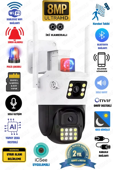 Venas 8 Megapixel Ulta HD Kablosuz Wifi ip Çift kameralı Dış Mekan Alarmlı İkaz lambalı  Güvenlik Kamerası ürün görseli 1
