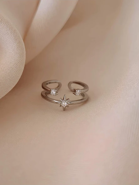 İki Sıralı Yıldız Zirkon Taşlı Ayarlanabilir Silver Gümüş Renkli Yüzük ürün görseli 1