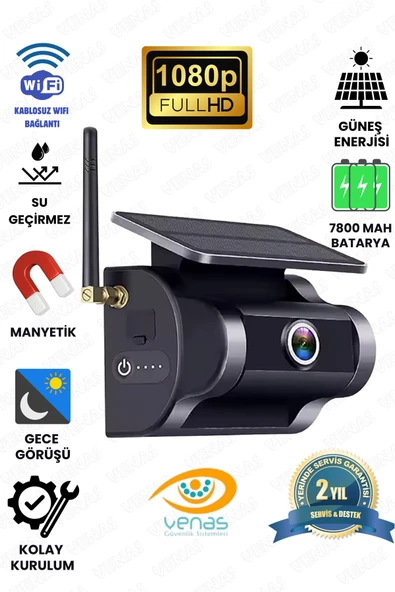 Venas 1080P FULL HD KENDİLİĞİNDEN BATARYALI GÜNEŞ PANELLİ MIKNATISLI WİFİ ARAÇ KAMERASI. ürün görseli 1