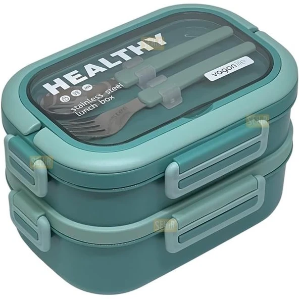 Vagonlife Bento 1650ml Paslanmaz Çelik 2 Katlı 3 Bölmeli Çatal ve Kaşıklı Yemek Kutusu Yeşil ürün görseli 1
