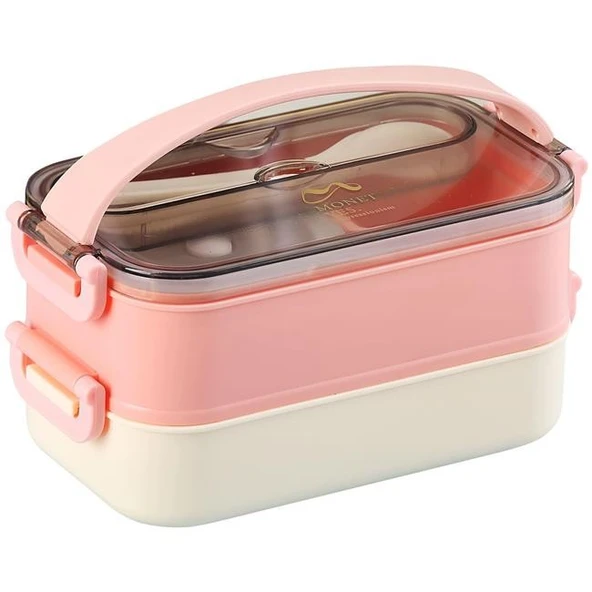 Vagonlife Bento 1500ml 2 Katlı 3 Bölmeli Paslanmaz Çelik Yemek Kutusu Pembe ürün görseli 1