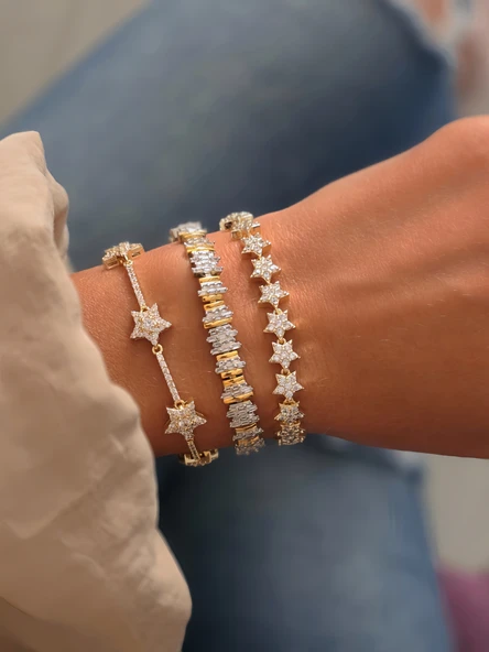 Vip Yıldız Zirkon Taşlı Çit Model 14k Altın Kaplama Çelik Bileklik ürün görseli 1