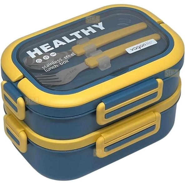 Vagonlife Bento 1650ml Paslanmaz Çelik 2 Katlı 3 Bölmeli Çatal ve Kaşıklı Yemek Kutusu Lacivert ürün görseli 1