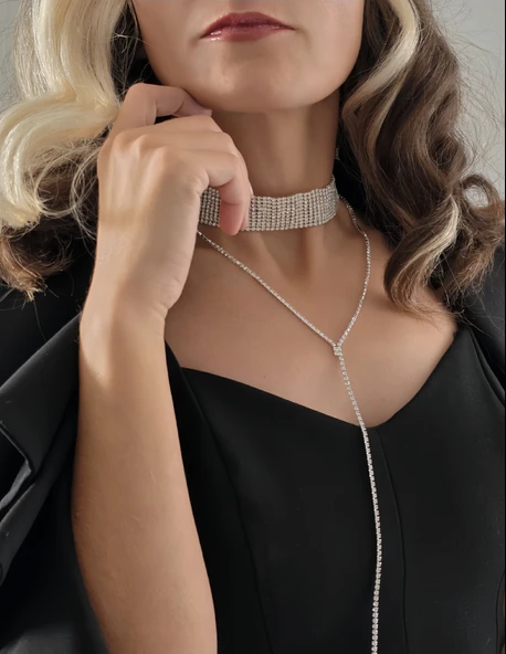 Gümüş Kaplama Rhinestone Y Model Su Yolu Model Kolye ürün görseli 1
