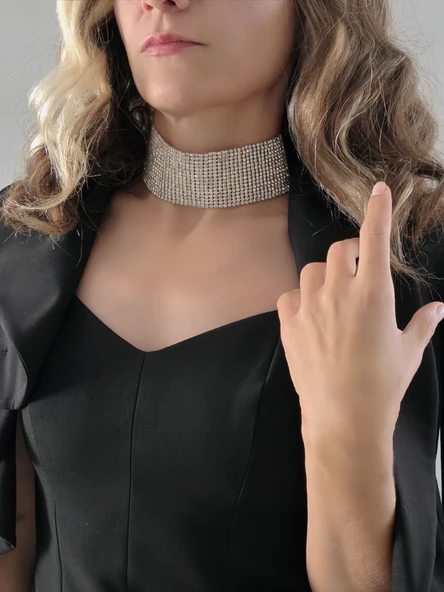 Gümüş Kaplama Rhinestone Choker Tasma Model Kolye ürün görseli 1