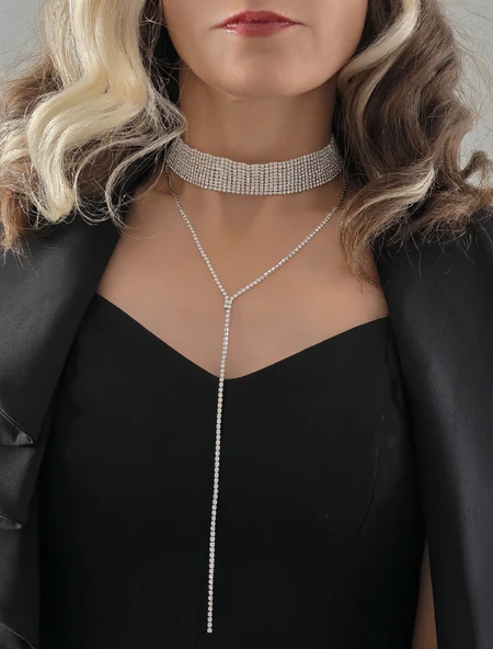 Gümüş Kaplama Rhinestone Y Model Su Yolu Model Kolye - Resim 3